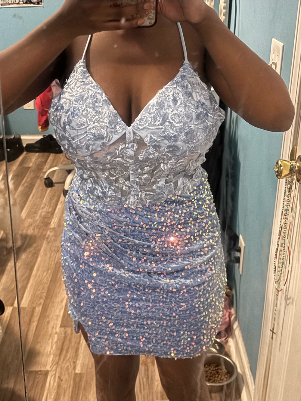 Light Blue Sequin Lace Bodycon Homecoming Dress